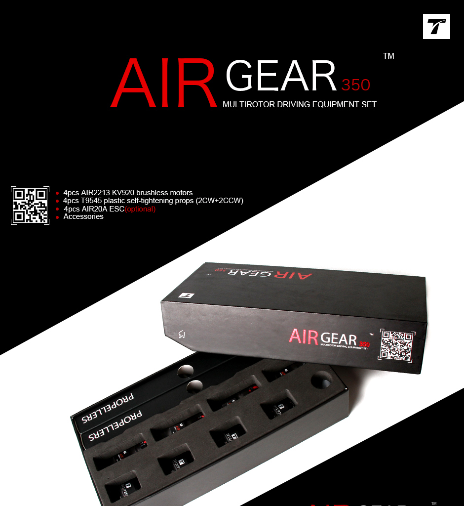 T-Motor Air Gear 350 Power 4x Air2213 920KV Motor + 4x Air20A ESC + 4x T9545 Propeller T-Motor Air Gear 350 Power 4x Air2213 920KV Motor + 4x Air20A ESC + 4x T9545 Propeller